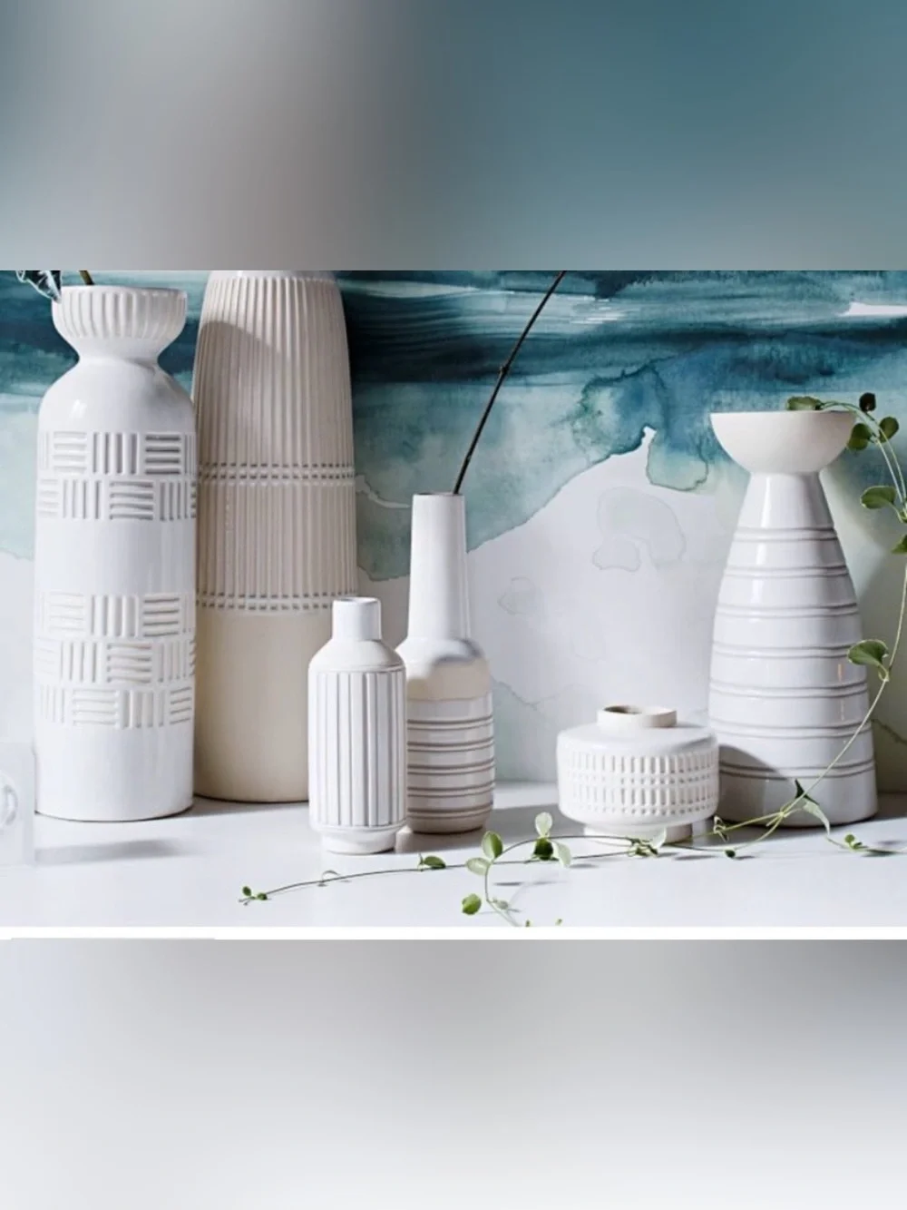 West Elm Art Pottery Vase 9” | Ribbed Ceramic | White/Gray | Home Decor
